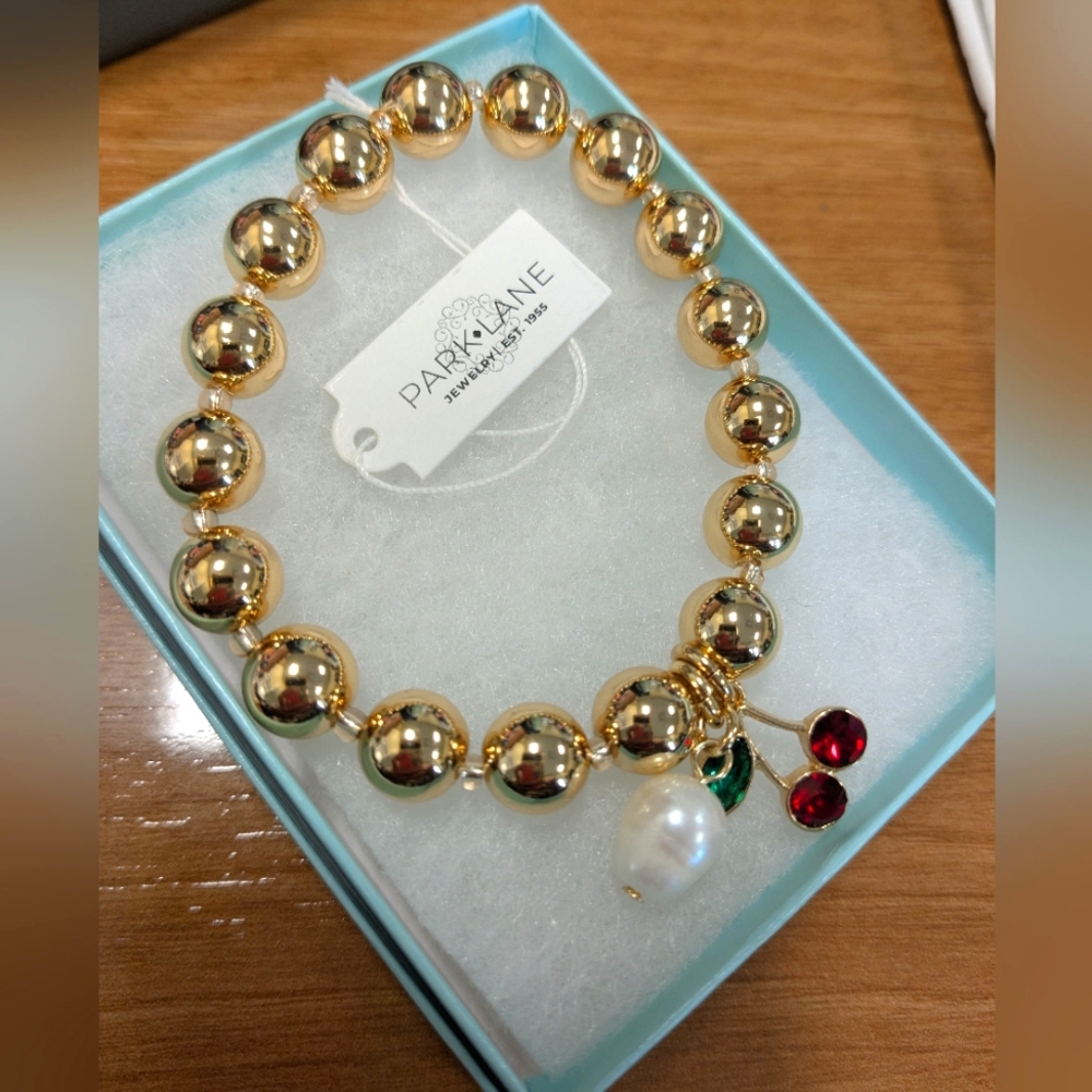 Park Lane Gold Bead Bracelet with Red Cherry Gems and Pearl Charm